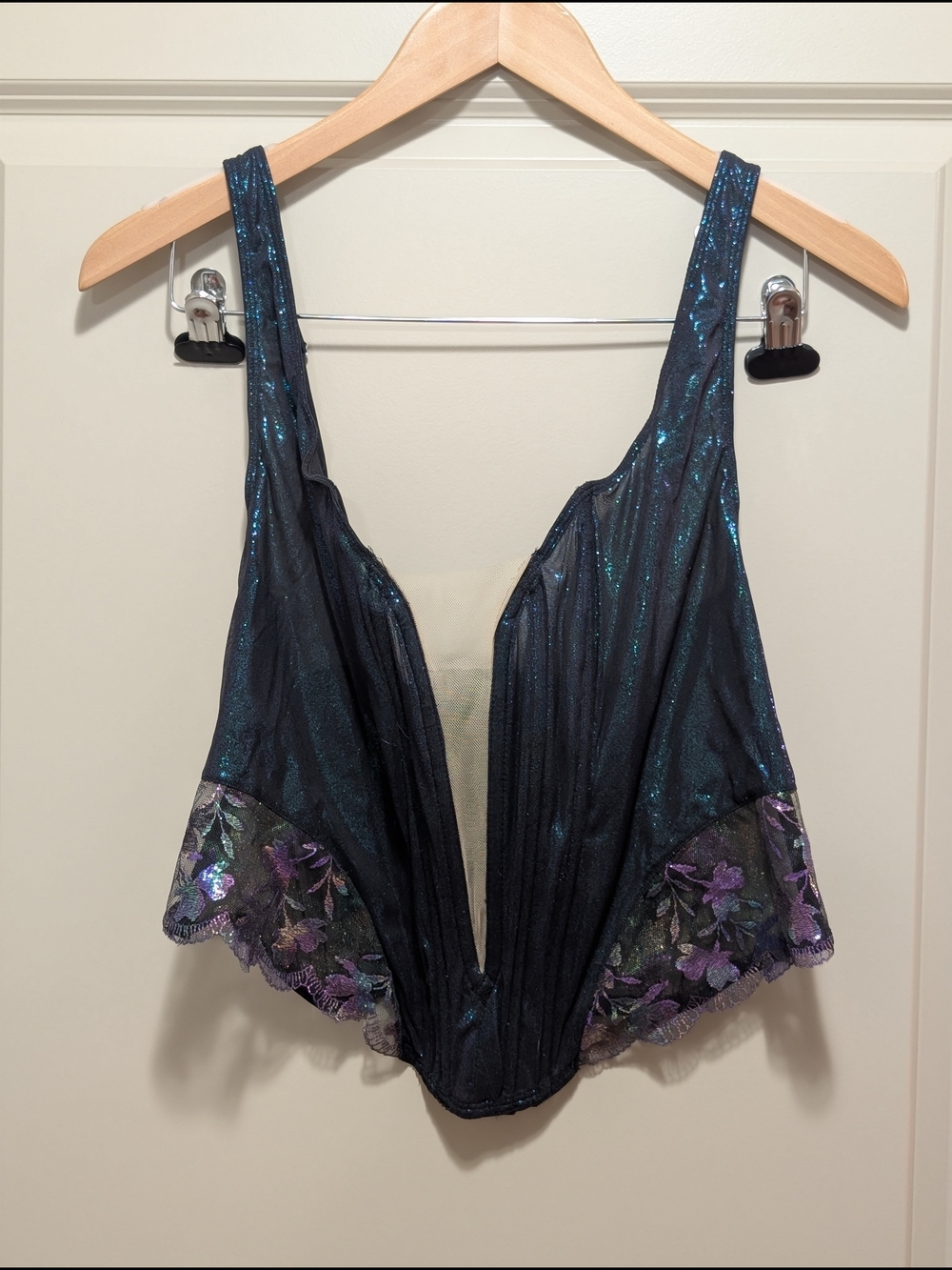 Savage X Fenty Teal Shimmer Deep-V Lingerie Top with Purple Floral Lace